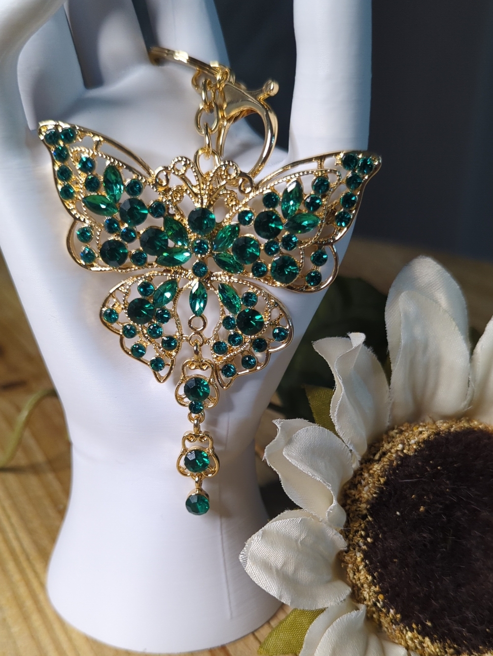 Gold And Emerald Green Crystals Butterfly Bag Charm